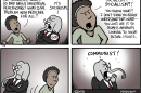 A four-panel political cartoon by Auchter for Michigan Public. In the top-left panel, a woman asks an elephant in a suit with a "GOP" button, "BUT SERIOUSLY, WHAT'S SO BAD ABOUT UNIVERSAL HEALTHCARE? WHAT IS THE PROBLEM WITH MEDICARE FOR ALL?" The elephant dismissively replies with arms crossed, "IT'S SOCIALISM." In the top-right panel, the woman pushes back, saying, "SOCIALISM? SOCIALISM?! YOU KNOW WHAT? I DON'T THINK YOU REALLY UNDERSTAND THAT WORD—YOU JUST USE IT TO DISMISS ANYBODY LOOKING TO SOLVE ACTUAL ISSUES." In the bottom-left panel, the elephant pauses silently while looking uncomfortable. In the bottom-right panel, the elephant cup his hands around his mouth and yells, "COMMUNIST!"
