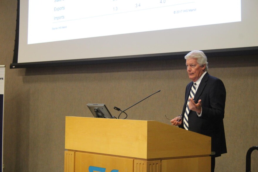 Indiana Manufacturers Association President and CEO Brian Burton presents at the regional summit held at Subaru in Lafayette.