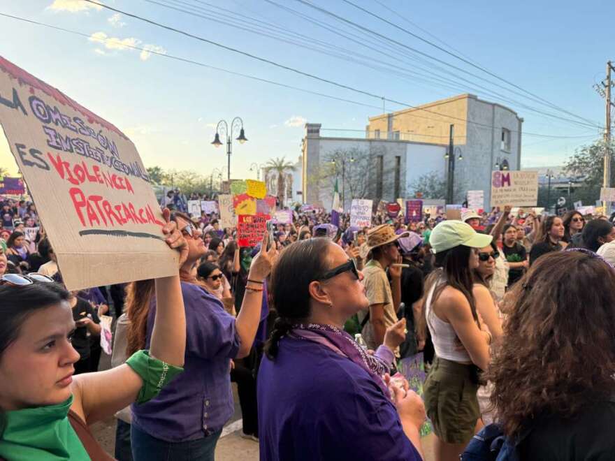 Women at the march in Hermosillo listen to speakers from feminist collectives near the state's judiciary building.