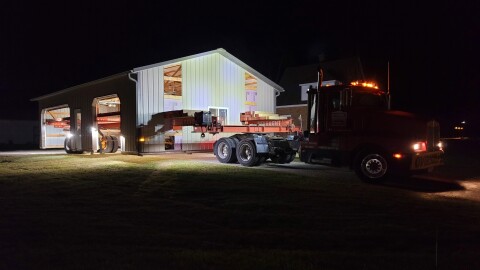 Late evening on November 9, David DeVooght's crew move a pole barn a few miles north of the Vantage data center site.