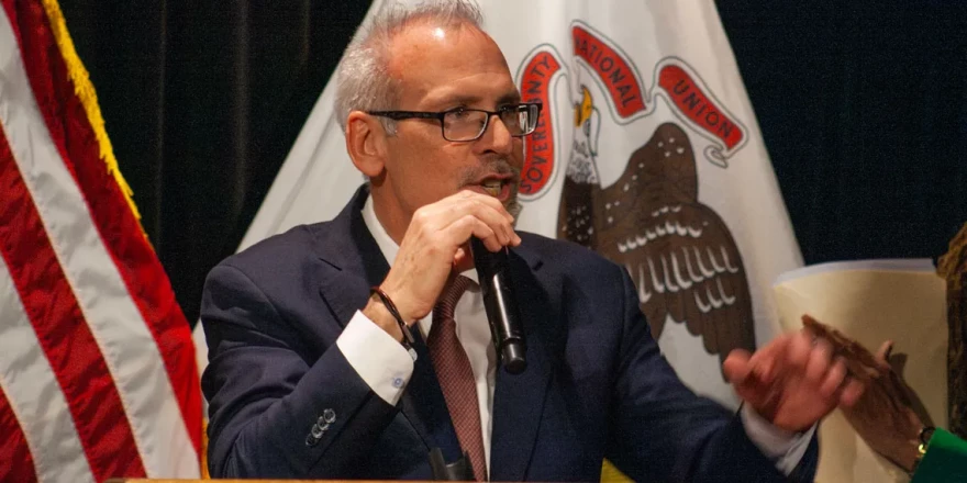 Illinois Supt. of Education Dr. Tony Sanders speaks at the Governor’s Mansion in Springfield in March 2026.