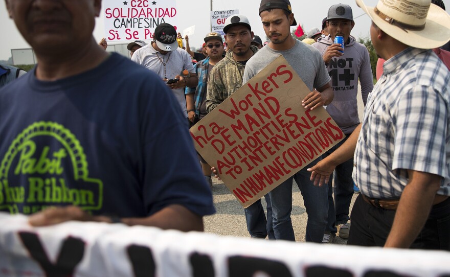 Dionicio Hernandez Rivera, 21, center, marches with other farmworkers on Rock Road toward Sarbanand Farms on Wednesday, August 8, 2017, in Sumas, Washington. H-2A farm workers protested working conditions after Honesto Silva Ibarra died on Sunday. 