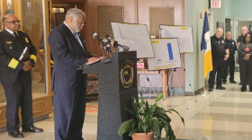 Caddo Parish District Attorney James Stewart addresses the media at a news conference at police headquarters in Shreveport on Wednesday.
