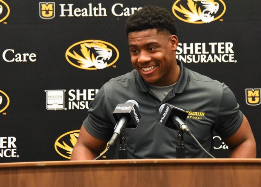 Ahmad Hardy speaks during a press conference in February at Memorial Stadium in Columbia. Mizzou Athletics announced Monday morning that Hardy had been shot early Sunday morning at a concert in Mississippi, underwent surgery later Sunday and was in stable condition.