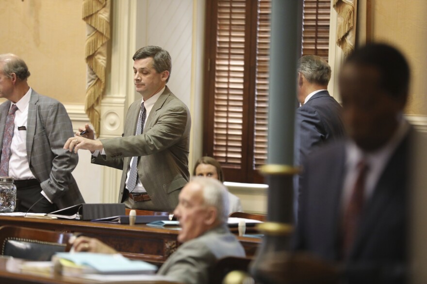 South Carolina Senate Majority Leader Shane Massey, R-Edgefield, moves that the Senate adjourn after members failed to reach a compromise on a bill to change how lawsuits are handled in civil courts on Thursday, March 13, 2025 in Columbia, S.C. (AP Photo/Jeffrey Collins)