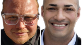 Photo collage of Ryan Kost (left) and Brian Daniels (right). Kost has red hair and white skin. He has a slight closed lip smile in the image. Kost s wearing clear glasses and a black zip up. Brian Daniels has light brown skin and is bald. He's smiling wide in the image. He can be seen wearing a black suit jacket with a light blue with polka dots collared shirt underneath. 