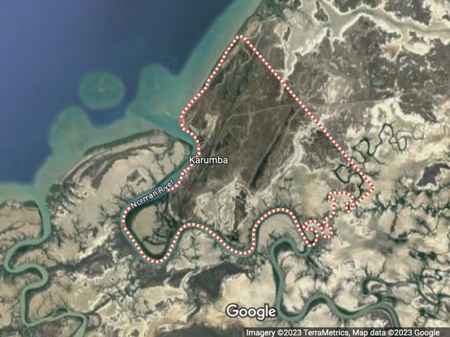 The town of Karumba, outlined in red, has long been a destination for massive rat migrations. "The rats hit the Norman River and just start swimming," Carpentaria Shire Council Mayor Jack Bawden told NPR.