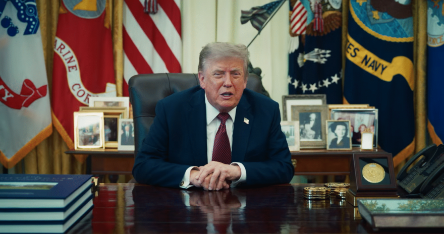 President Donald Trump appears in a video distributed by Kansas Republican gubernatorial candidate Ty Masterson’s campaign on July 28, 2026. In it, Trump reiterates his endorsement of Masterson, encourages voters to submit their ballots early and calls Kansas “a place that I love.”