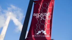 A banner at the Mount Carmel West campus in Columbus on Jan. 30, 2019.