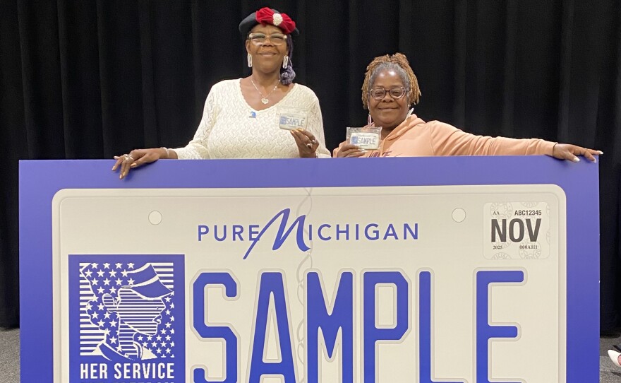 Alexis Derriso (left), founder of Motown Women Veterans Association, at the Michigan Women Veteran License Plate reveal ceremony on Nov 10, 2025.