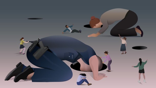 stylized illustration of a police officer and school administrator hiding their faces in holes in the ground while several girls gesture for help around them