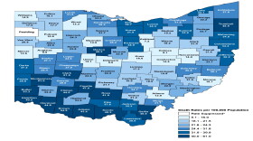 A map showing the rates per capita of drug deaths in each of Ohio's 88 counties. The report was released by the Ohio Department of Health in December. 