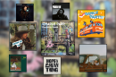 Artwork for eight music releases displayed in black square frames. Four are album covers in larger squares and four are singles in smaller squares.