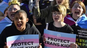 FILE - Protesters of Kentucky Senate bill SB150, known as the Transgender Health Bill, cheer on speakers during a rally on the lawn of the Kentucky Capitol in Frankfort, Ky., March 29, 2023. Several families on Wednesday, May 3, 2023, challenged Kentucky's ban on gender-affirming care for transgender youths, claiming the prohibition interferes with parental rights to seek established medical treatment for their children. 