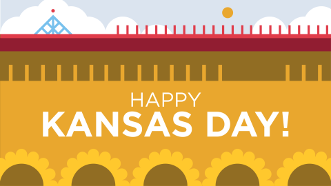 a stylized graphic stating "Happy Kansas Day" with a border of sunflowers across the bottom of the frame