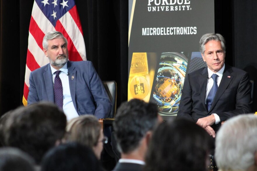 Gov. Eric Holcomb and U.S. Secretary of State Anthony Blinken participated in an event at Purdue University on Sept. 13, 2022 to tout the CHIPS and Science Act.