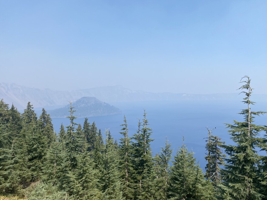  Crater Lake, filled with smoke from the region's many wildfires, on Aug. 25, 2021.
