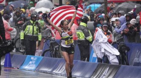 Des Linden after she won the Boston Marathon. (Courtesy of Carrie Cox)