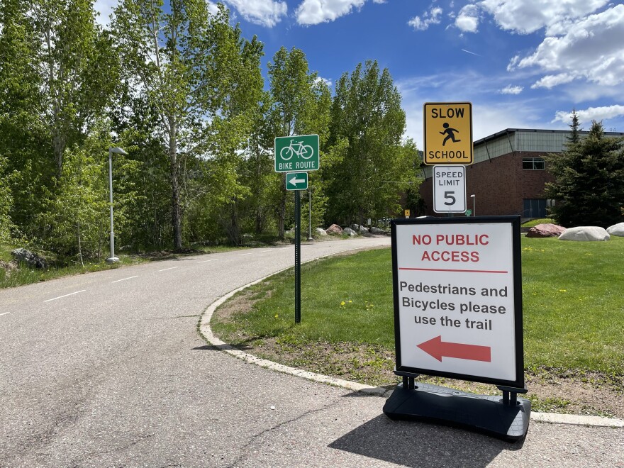 A sign on the Aspen School District campus delinates the edge of public access. The district is reconfiguring its entrances to multiple schools over the next two years to increase student safety.