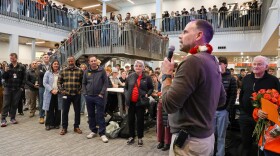 Caldera High Principal Chris Boyd thanks students and staff who gathered to celebrate Tuesday's announcement that he was named Administrator of the Year for Bend-La Pine Schools.