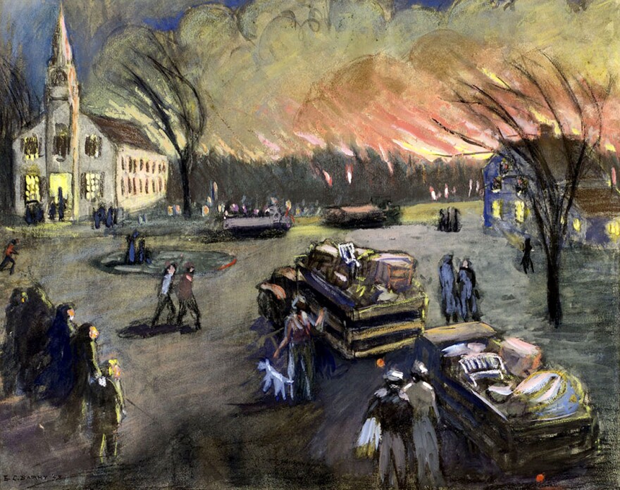 A painting by Edith Cleves Barry at the Brick Store Museum depicts the 1947 fires in Maine.