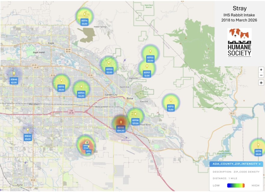 A heat map of where stray rabbits are found in Ada County