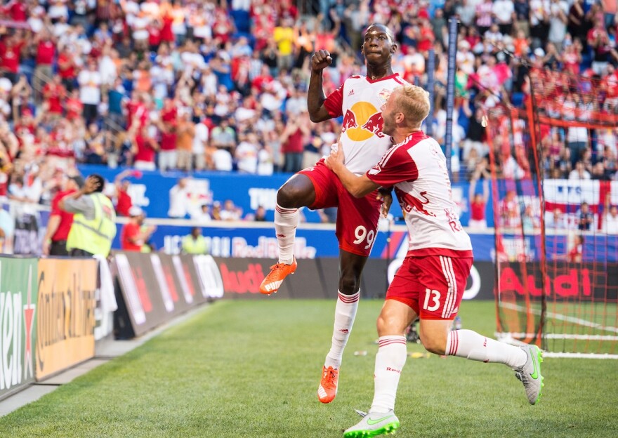 Bradley Wright-Phillips celebrates a Red Bulls goal vs. NYCFC in 2015