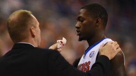 During a play in the second half an LSU defender made contact with Florida's Dorian Finney-Smith (10), resutling in a cut above his lip. Finney-Smith received stiches before returning to the game. (Greenberry Taylor/WUFT News)