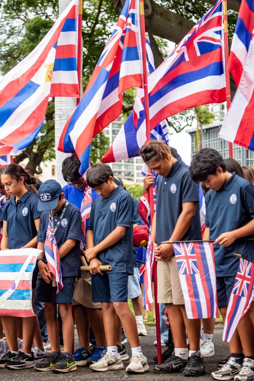 Kamehameha Schools students gather at ʻIolani Palace on Oct. 21, 2025, in response to a lawsuit challenging the KS admission policy.