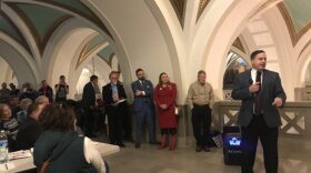  Secretary of State Jay Ashcroft speaks to demonstrators who support a 7-1 Congressional map in the Missouri Capitol on Feb. 7, 2022.