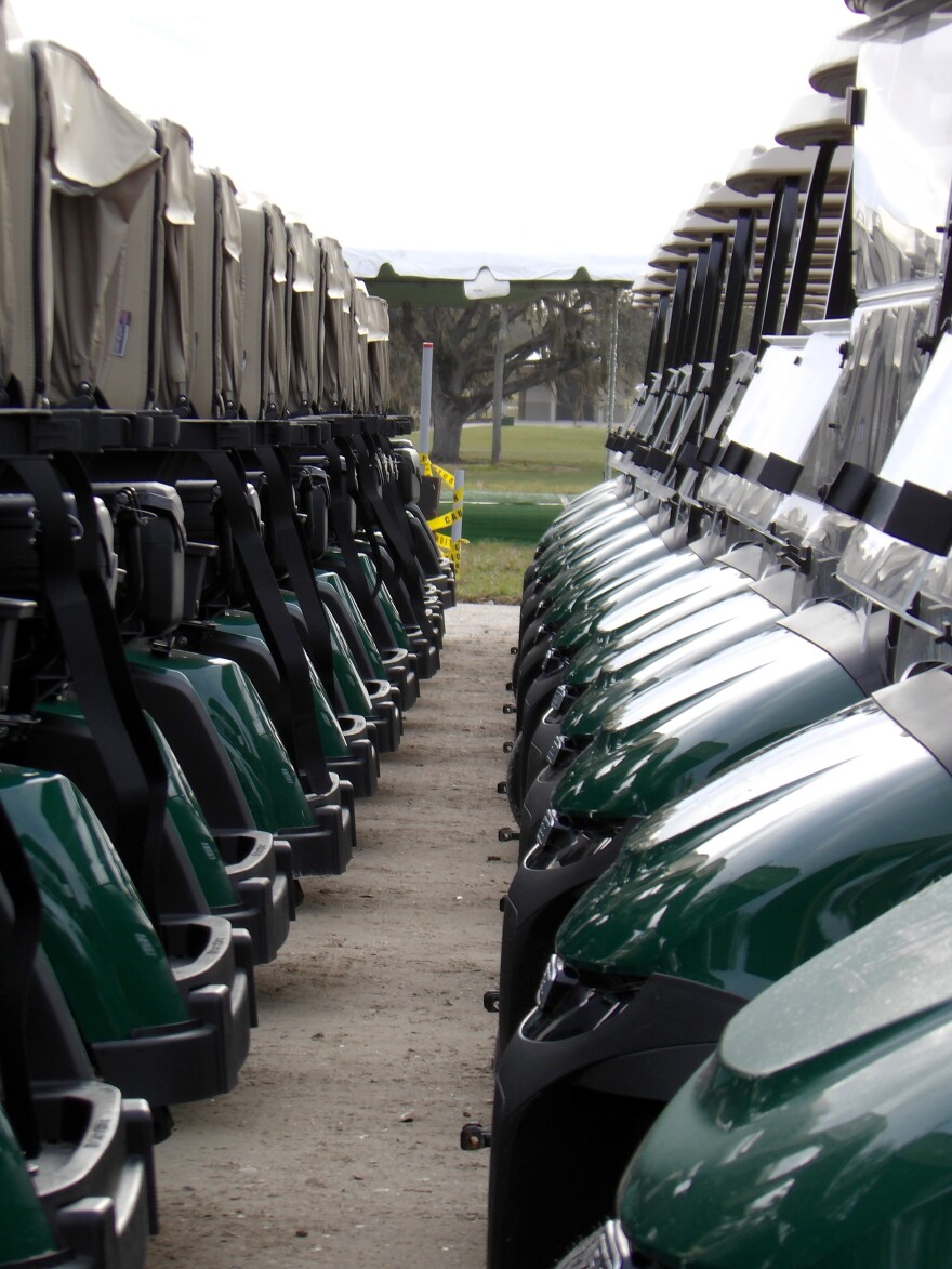 Golf carts lined up in two rows