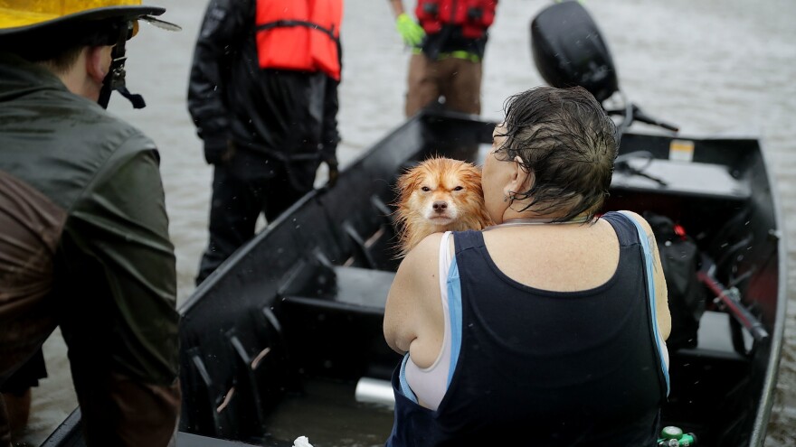 Rescue workers and volunteers help a woman and her dog leave their flooded home during Hurricane Florence Friday in James City, N.C., near New Bern.