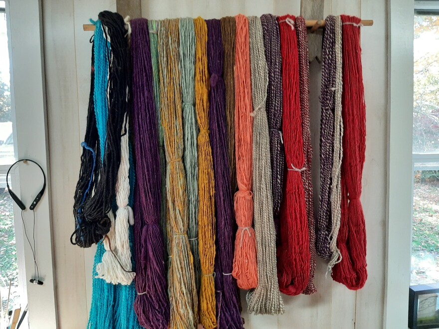 Dyed wool drying in Kathy Evans studio.