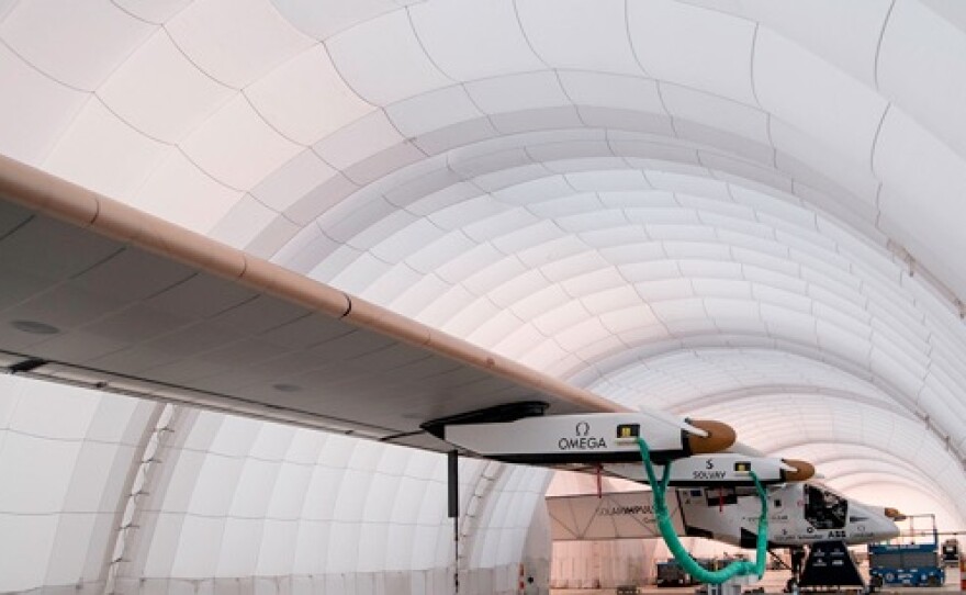 Solar Impulse in the traveling hangar.