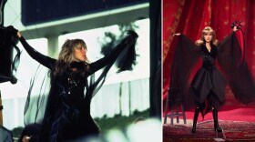 (Left) Nicks — in her signature black outfit and flowing sleeves — performs with Fleetwood Mac in May 1977. Her new Barbie doll mirrors that look.