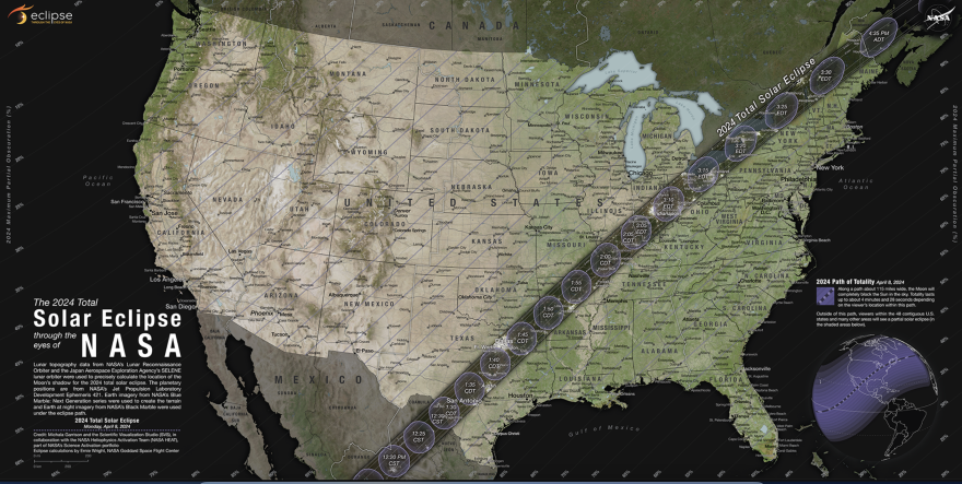 The total solar eclipse will be visible along a narrow track stretching from Texas to Maine on April 8, 2024.