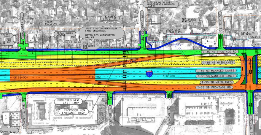 A schematic showing the lane configuration between 32nd Street and Concordia Avenue. Southbound traffic could exit the managed lanes to the frontage road. Northbound traffic would be able to get on the managed lanes.