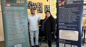 Undocu-Success coordinator Guillermo Metelin Bock and Alma Martinez Peraza, lead financial aid counselor, in the Undocu-Success Center at CSU Monterey Bay.