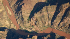 Bright Angel Canyon, the scene of flash floods, runs into the Colorado River in the Grand Canyon, Monday, Aug. 31, 2026, at Grand Canyon National Park, Ariz.