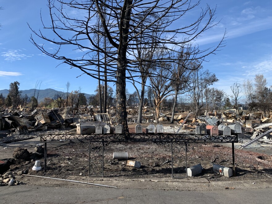 Mail boxes at the manufactured home park Royal Oaks Mobile Manor after the Almeda Fire.