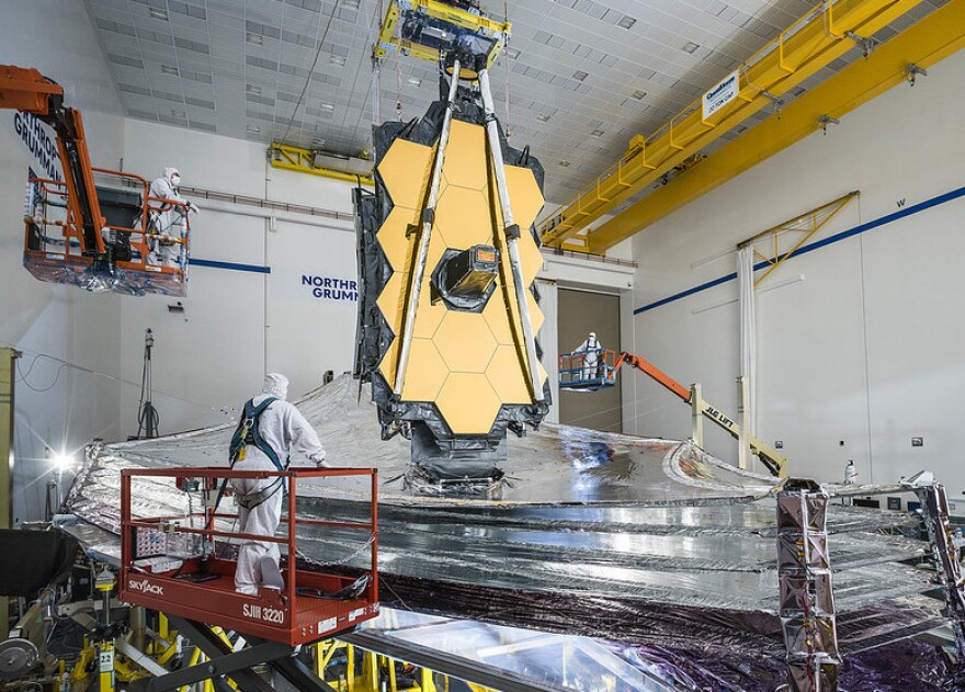 The telescope, shown during checkout tests in December 2020, before it was carefully packed up and sent to the launch site in French Guiana. [NASA/Chris Gunn]