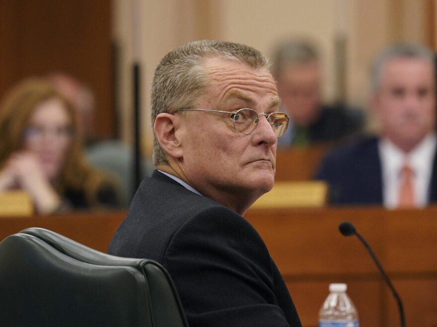 Bill Magness, President and CEO of the Electric Reliability Council of Texas (ERCOT), testifies as the Committees on State Affairs and Energy Resources hold a joint public hearing to consider the factors that led to statewide electrical blackouts, Thursday, Feb. 25, 2021, in Austin, Texas. The hearings were the first in Texas since a blackout that was one of the worst in U.S. history, leaving more than 4 million customers without power and heat in subfreezing temperatures. (AP Photo/Eric Gay)