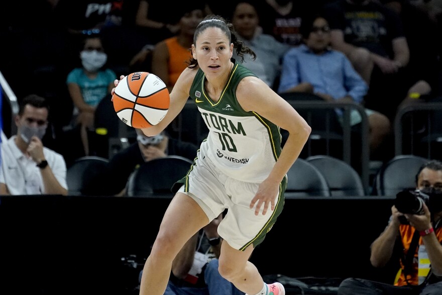 Seattle Storm guard Sue Bird (10) plays during the Commissioner's Cup WNBA basketball game against the Connecticut Sun on Aug. 12, 2021, in Phoenix. Bird announced Friday, Jan. 7, 2021, that she will return to the Seattle Storm next season, putting off retirement for at least one more year.