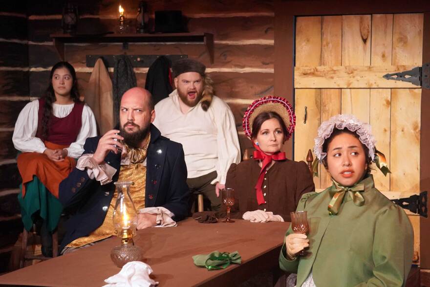 The cast of "Murder at the Black Dog Tavern" rehearse at the Kenai Performers' theater near Soldotna, Alaska, on Monday, July 27, 2026.