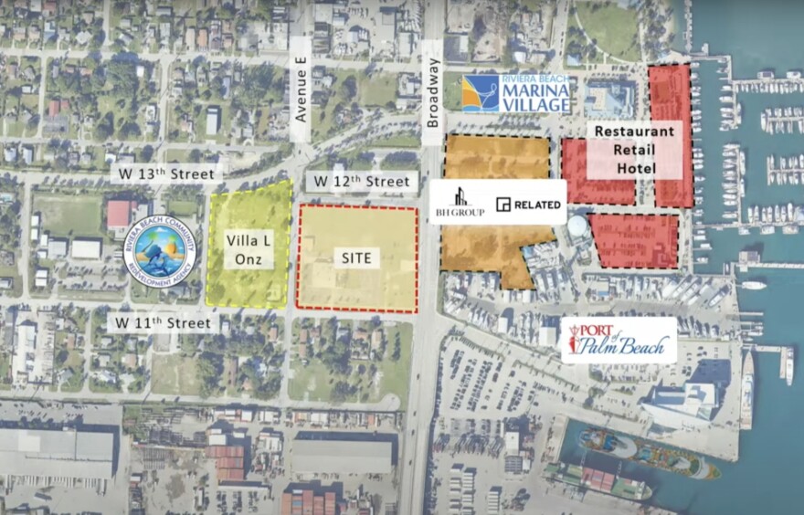 Map shows the site of the project plus the developments planned immediately to the west and east in the city’s Marina Village complex next to the Port of Palm Beach.