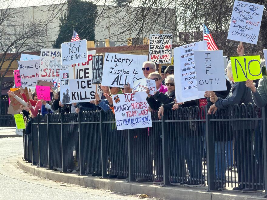 Demonstrators gathered to protest President Donald Trump and federal immigration authorities in the wake of several high-profile shootings on Saturday, Jan. 10, 2026, in downtown Chico.