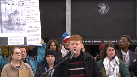 Mickey DiPerna, center, leads a rally against proposed Department of Housing and Urban Development cuts to housing programs outside the Kenneth B. Keating Federal Building in down to