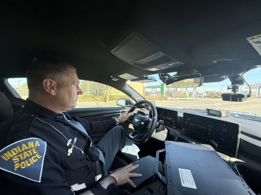 Indiana State Police Master Trooper Nick Klingkammer drives one of five new Ford Mustang GT patrol vehicles as part of ISP’s high-visibility policing initiative on Wednesday, Nov. 12, 2025, in Indianapolis.