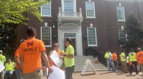 Contract workers demonstrate against SB 272 in April before the bill is heard in the senate.