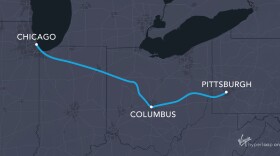 The route of a proposed Midwest Connect hyperloop between Chicago, Columbus and Pittsburgh.